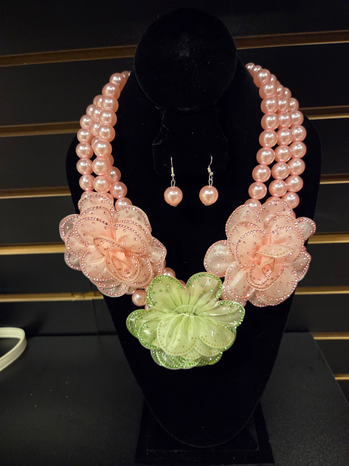 Spring Blossom Pink & Green Floral Pearl Necklace Set