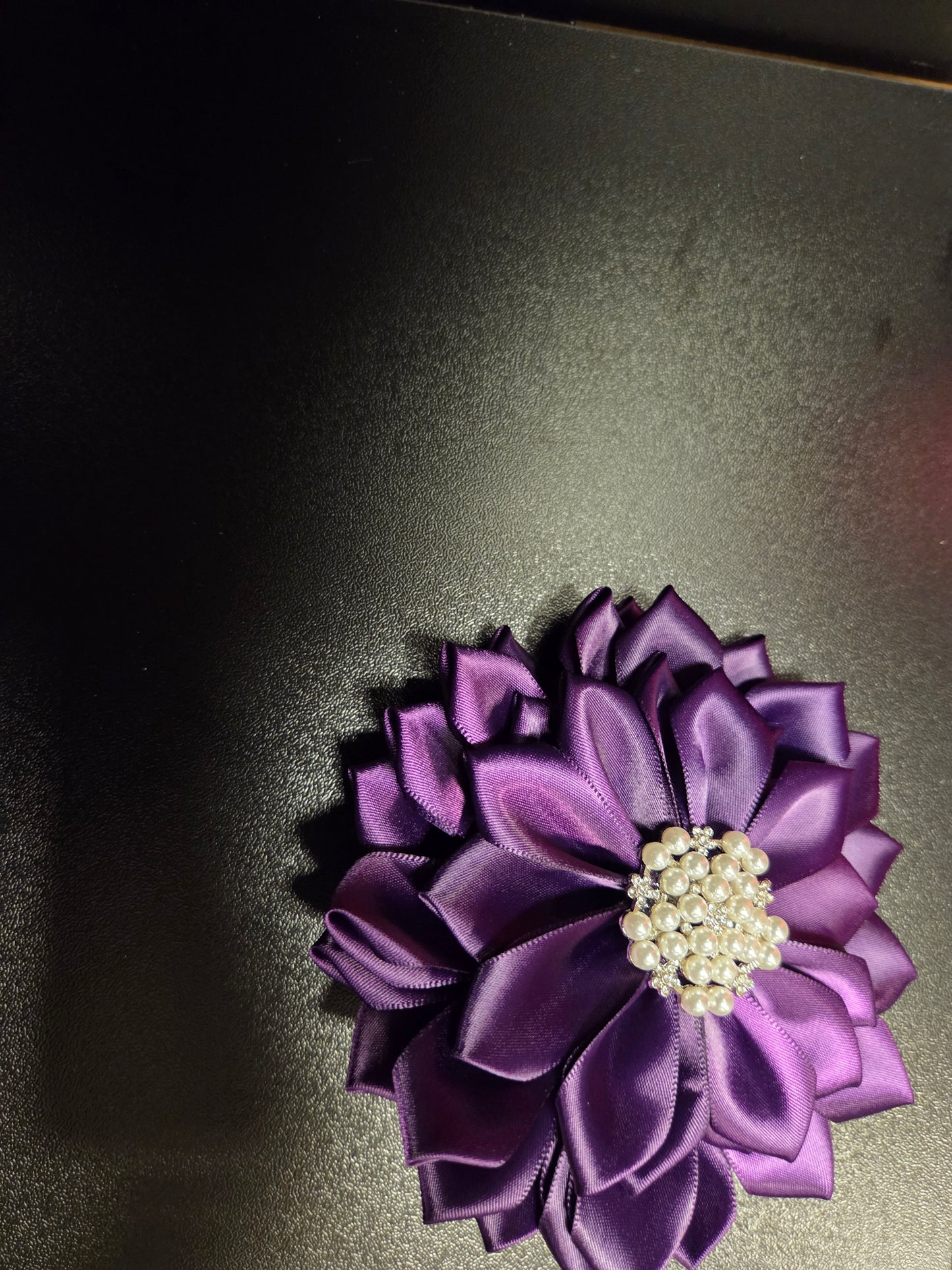 Royal Purple Satin Flower Brooch with Pearl Center