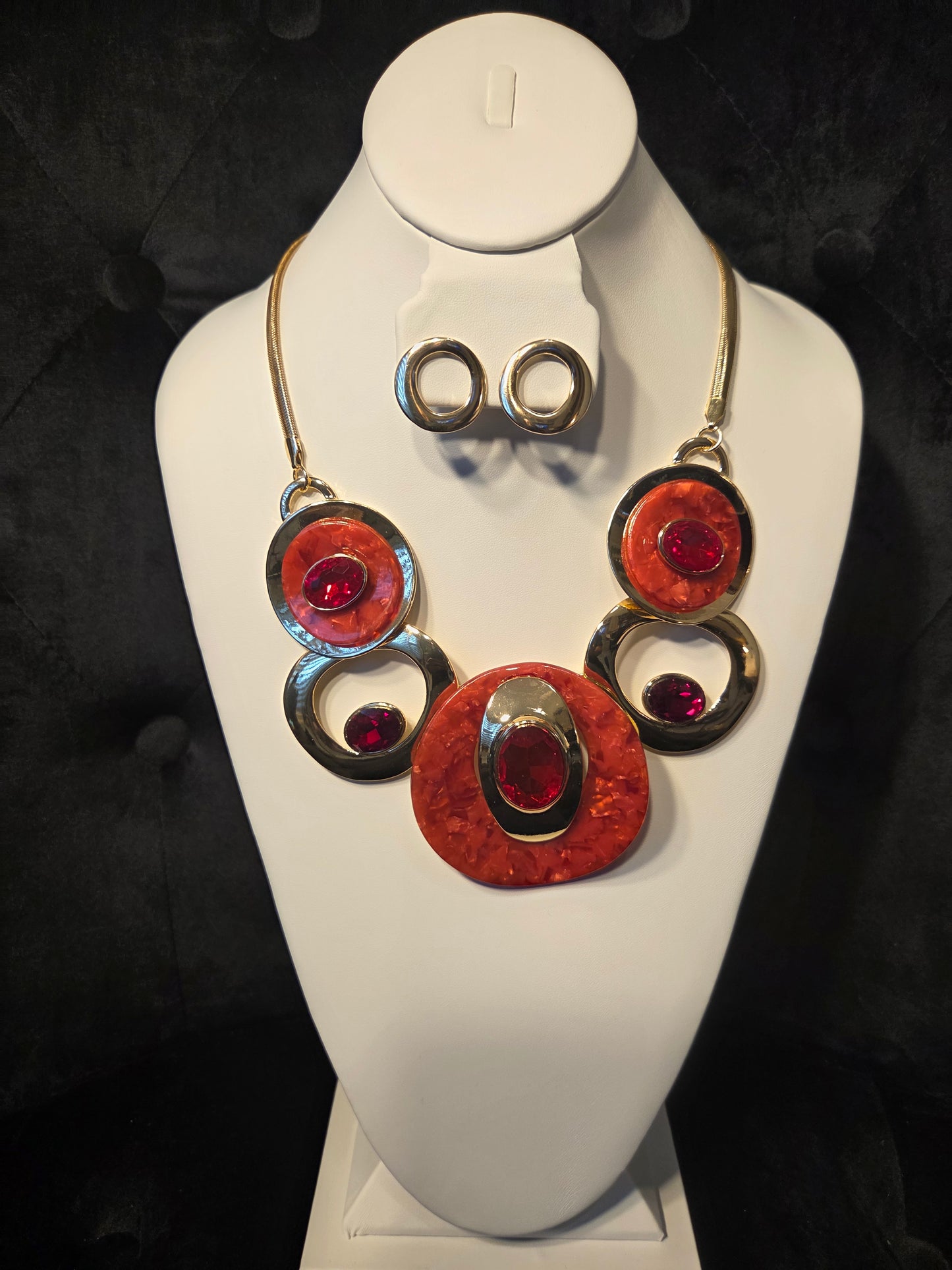 Ruby Red & Gold Bold Statement Necklace Set