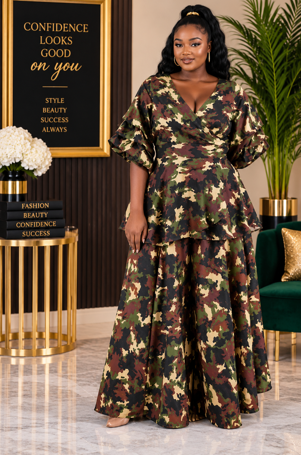 Camo Chic Wide-Leg Pant Set