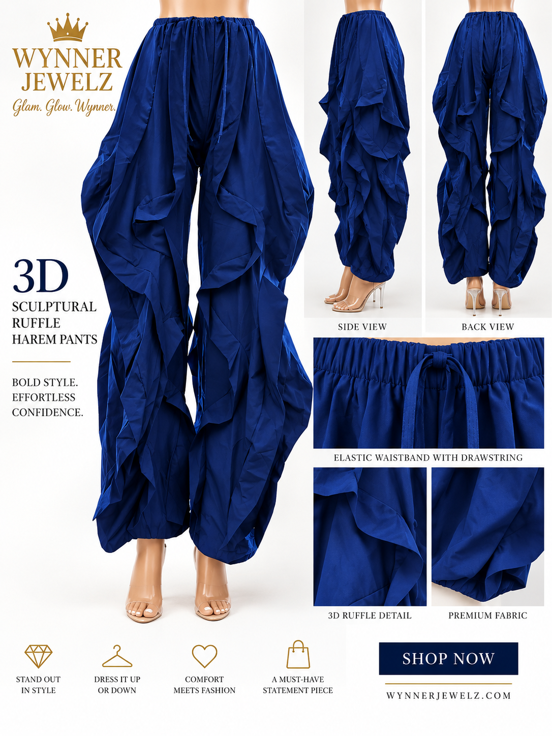 3D Sculptural Ruffle Harem Pants – Royal Blue