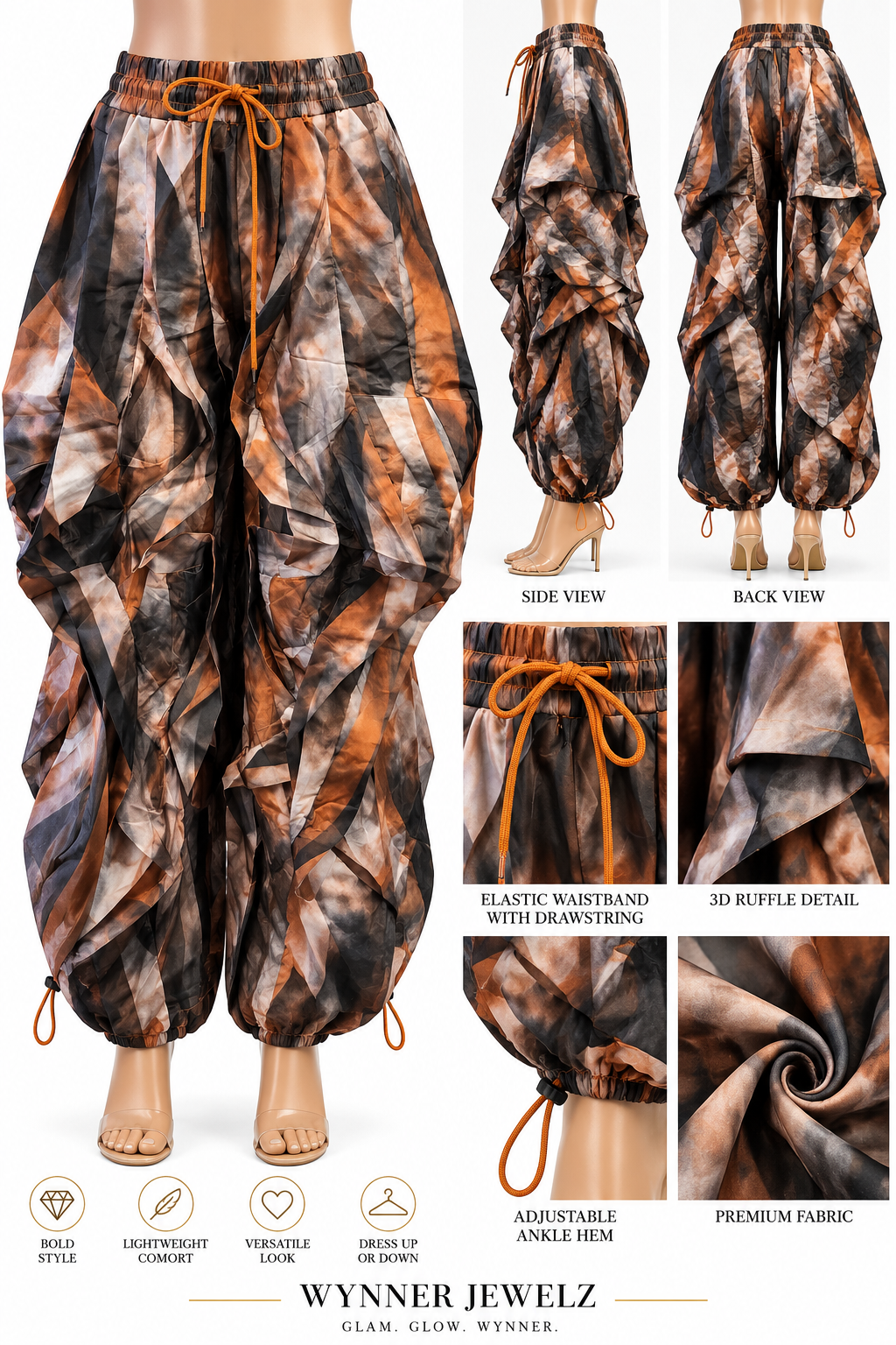 Abstract Earth-Tone 3D Sculptural Ruffle Harem Pants