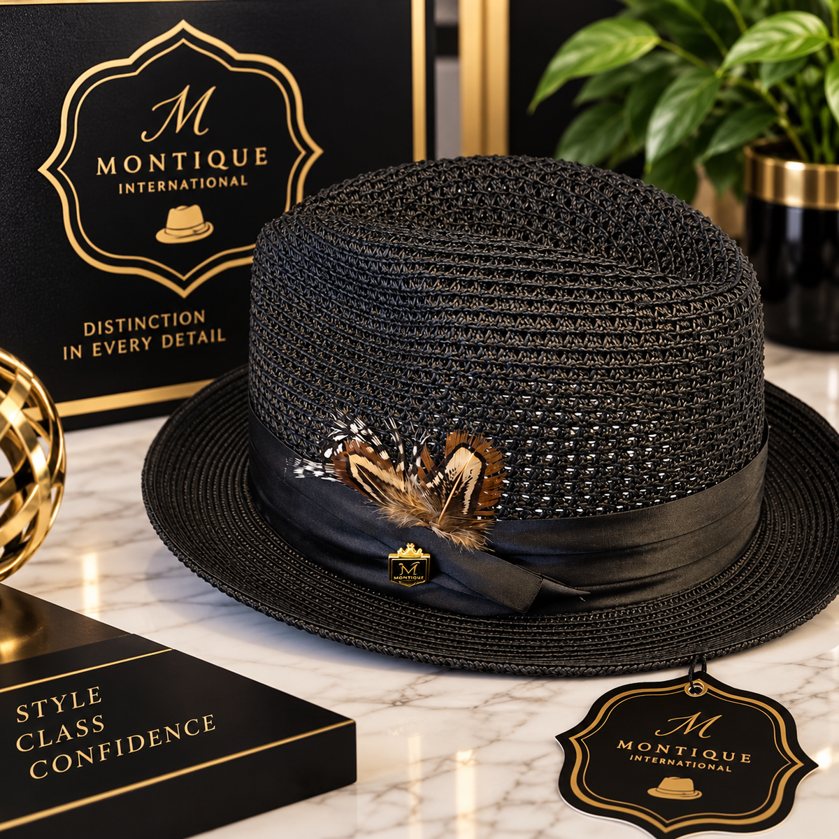 Montique International Men’s Black Woven Fedora with Feather Accent