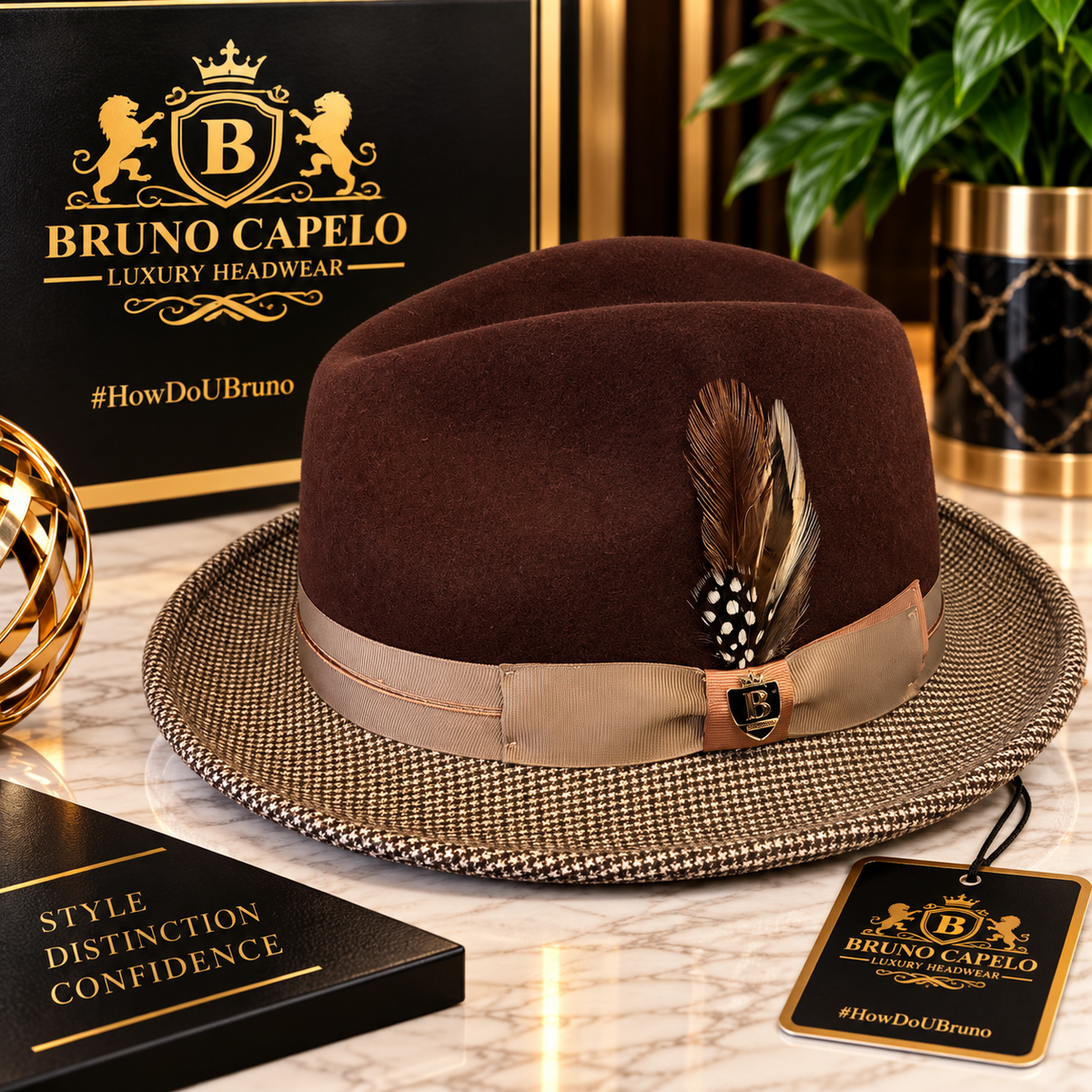 Bruno Capelo Luxury Men’s Chocolate Brown Fedora with Houndstooth Brim
