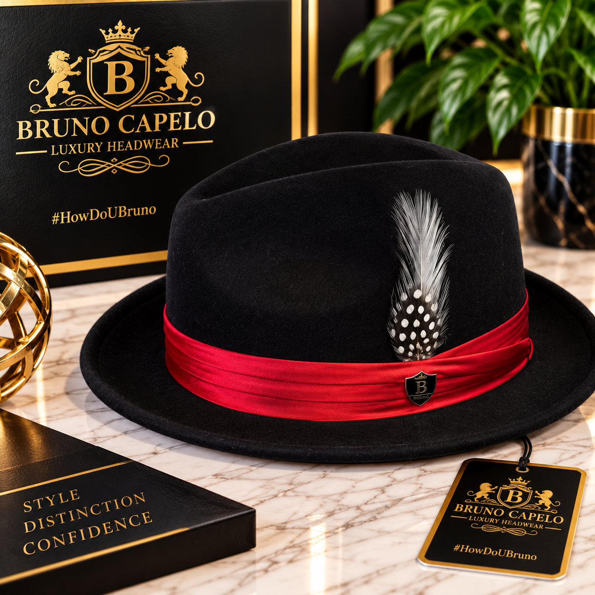 Bruno Capelo Luxury Men’s Black Fedora with Red Satin Band