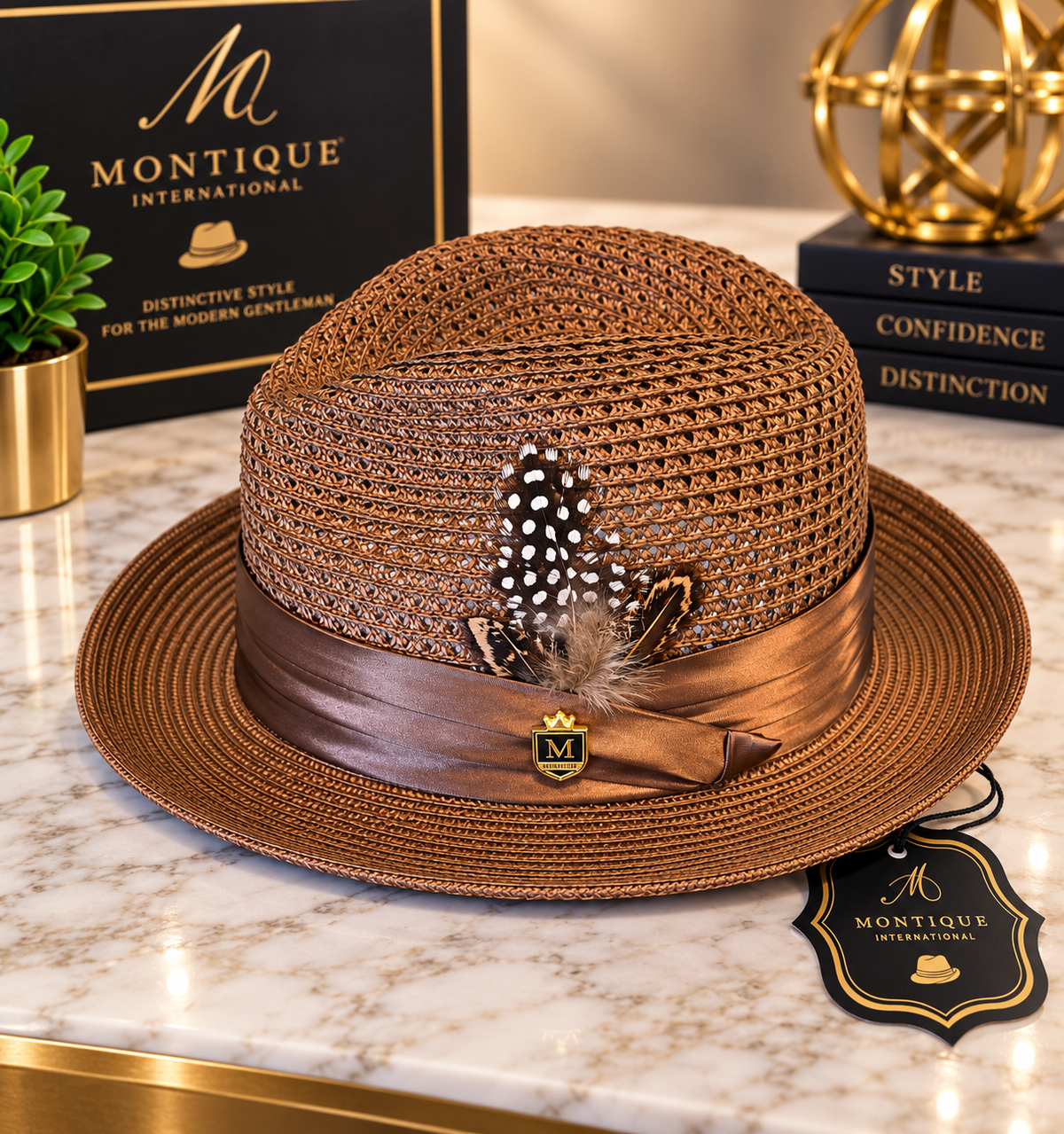 Montique International Men’s Brown Woven Fedora with Feather Accent