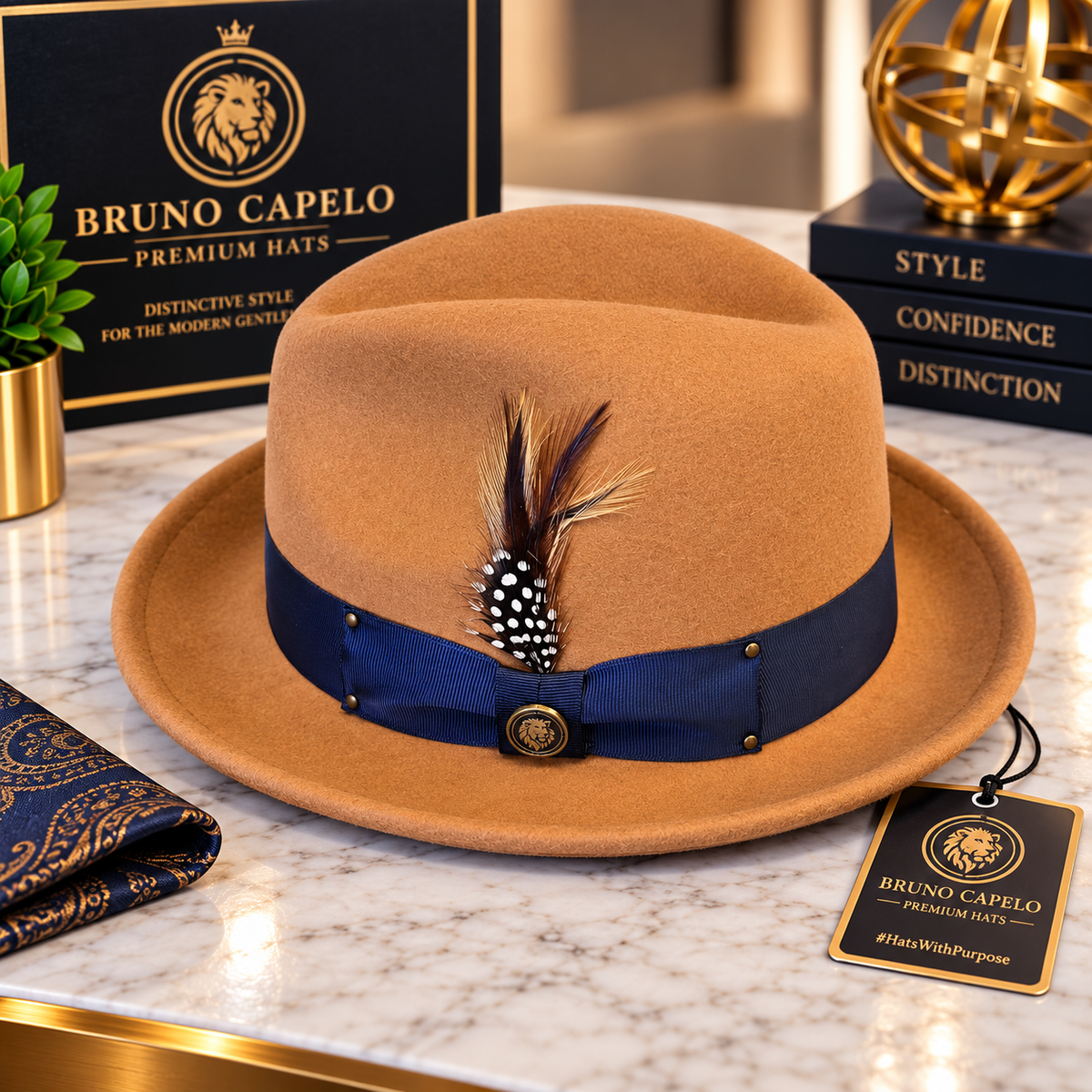 Bruno Capelo Men’s Luxury Camel Fedora with Navy Band