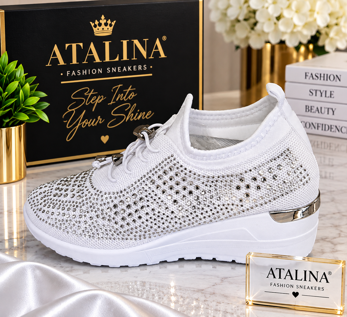 Atalina White Crystal Bling Wedge Sneaker