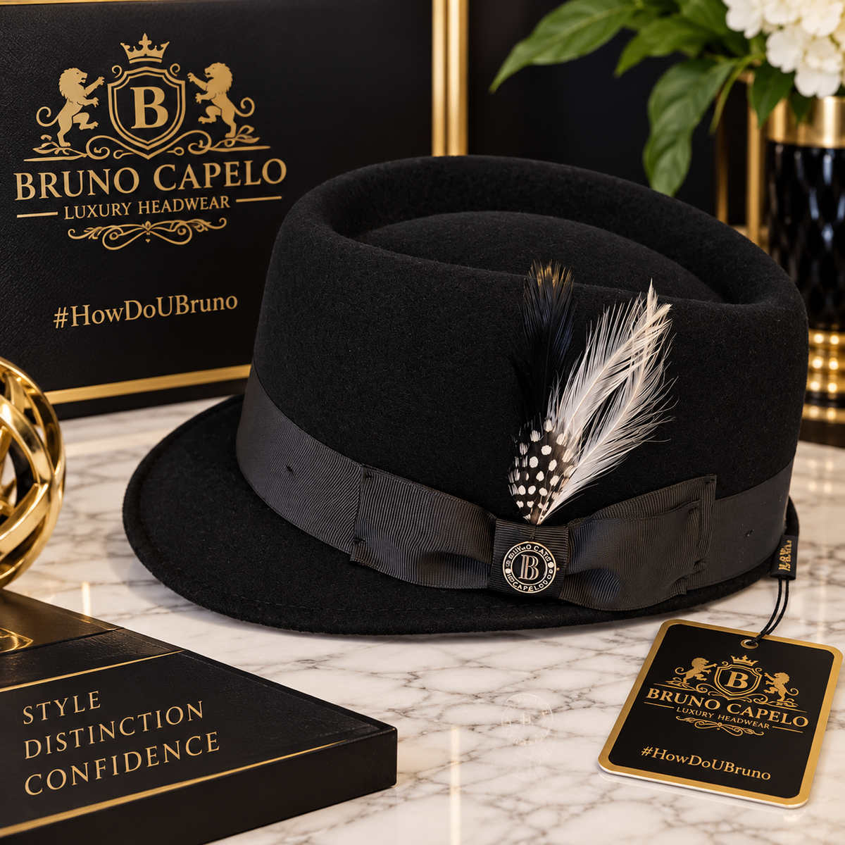 Bruno Capelo Luxury Men’s Black Fedora with Feather Accent