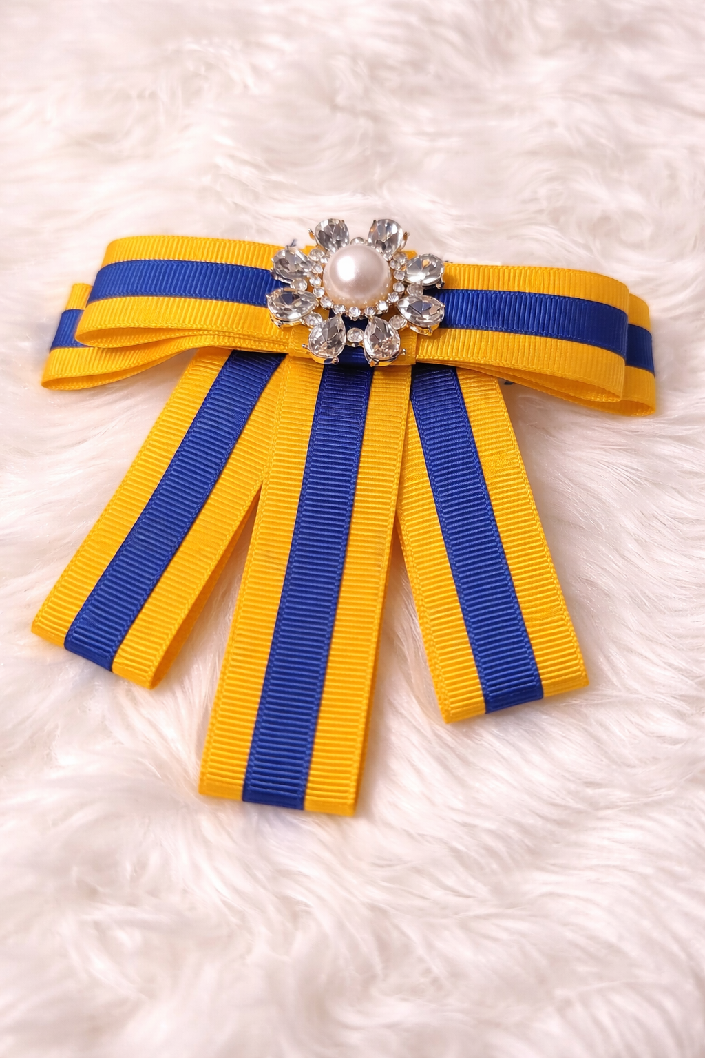 Sigma Gamma Rho Ribbon Bow Brooch – Blue & Gold Pearl Accent