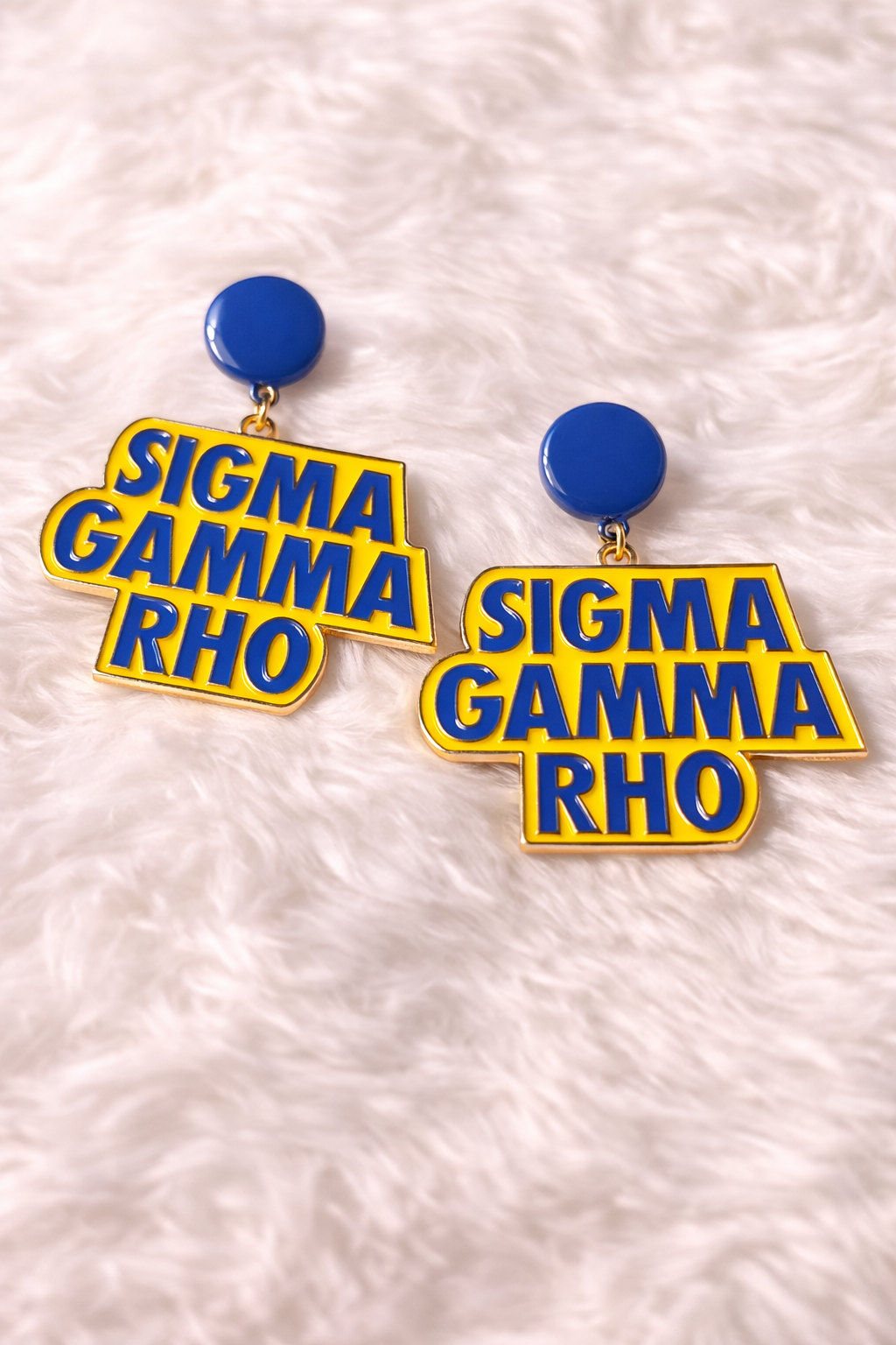 Sigma Gamma Rho Statement Dangle Earrings – Blue & Gold Bold Script