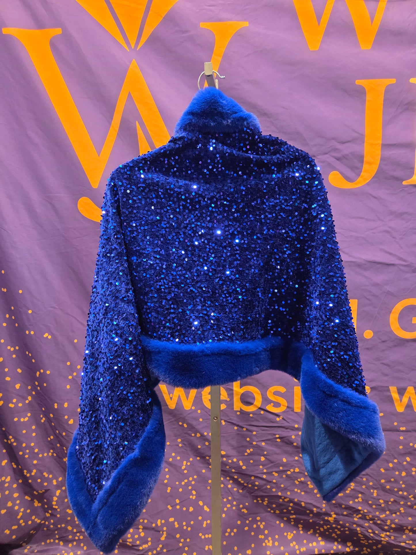 Royal Blue Sequin Faux Fur Trim Jacket