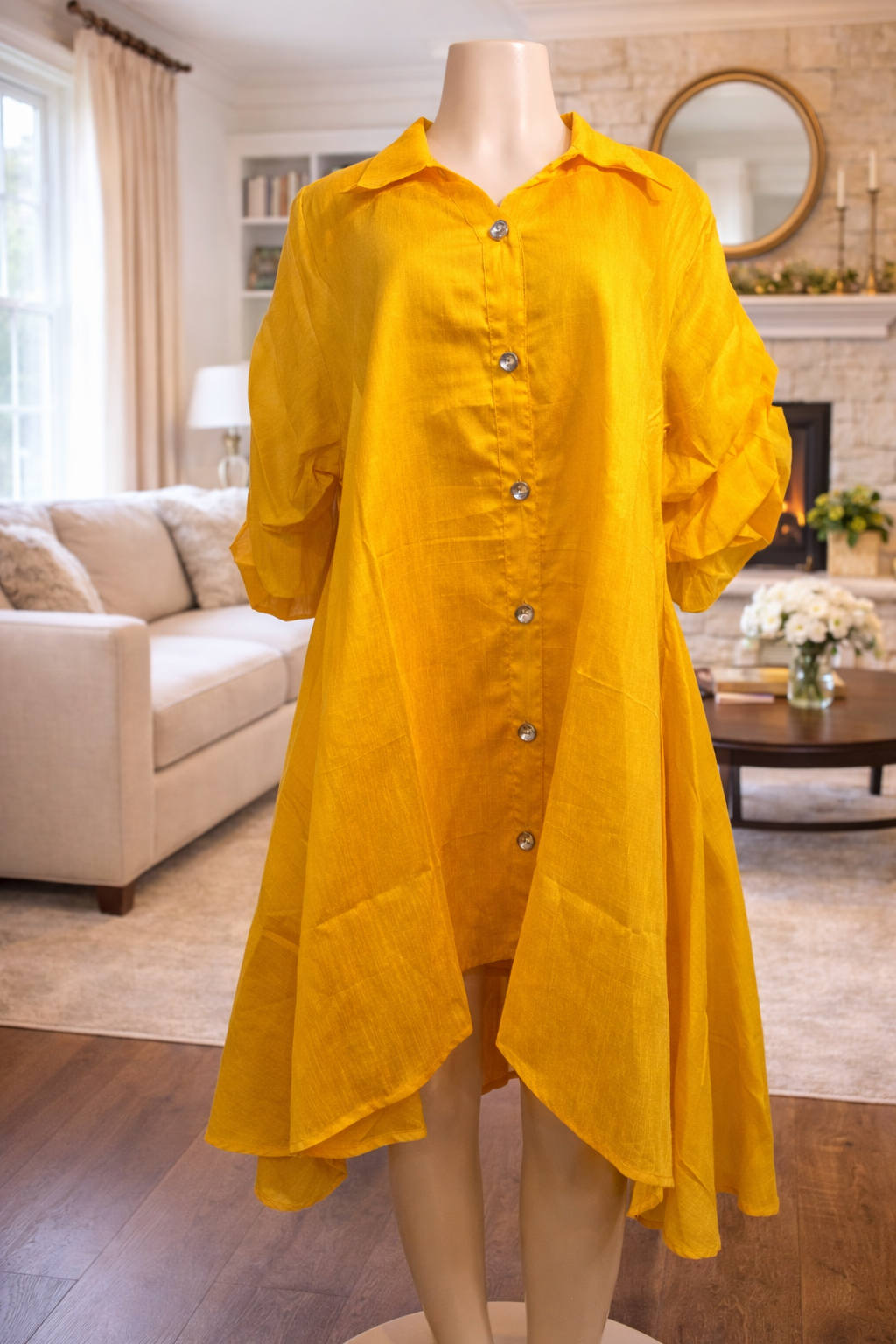 Gold Glow High-Low Button-Down Dress