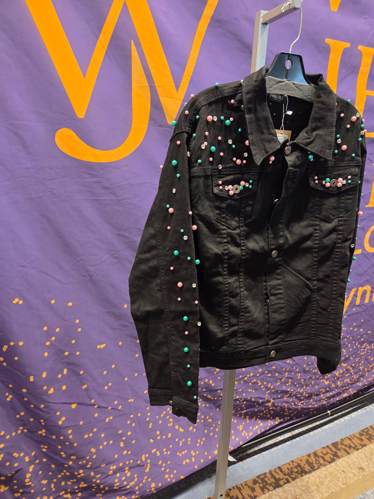 Pastel Pink and Green Pearl Embellished Black Denim Jacket