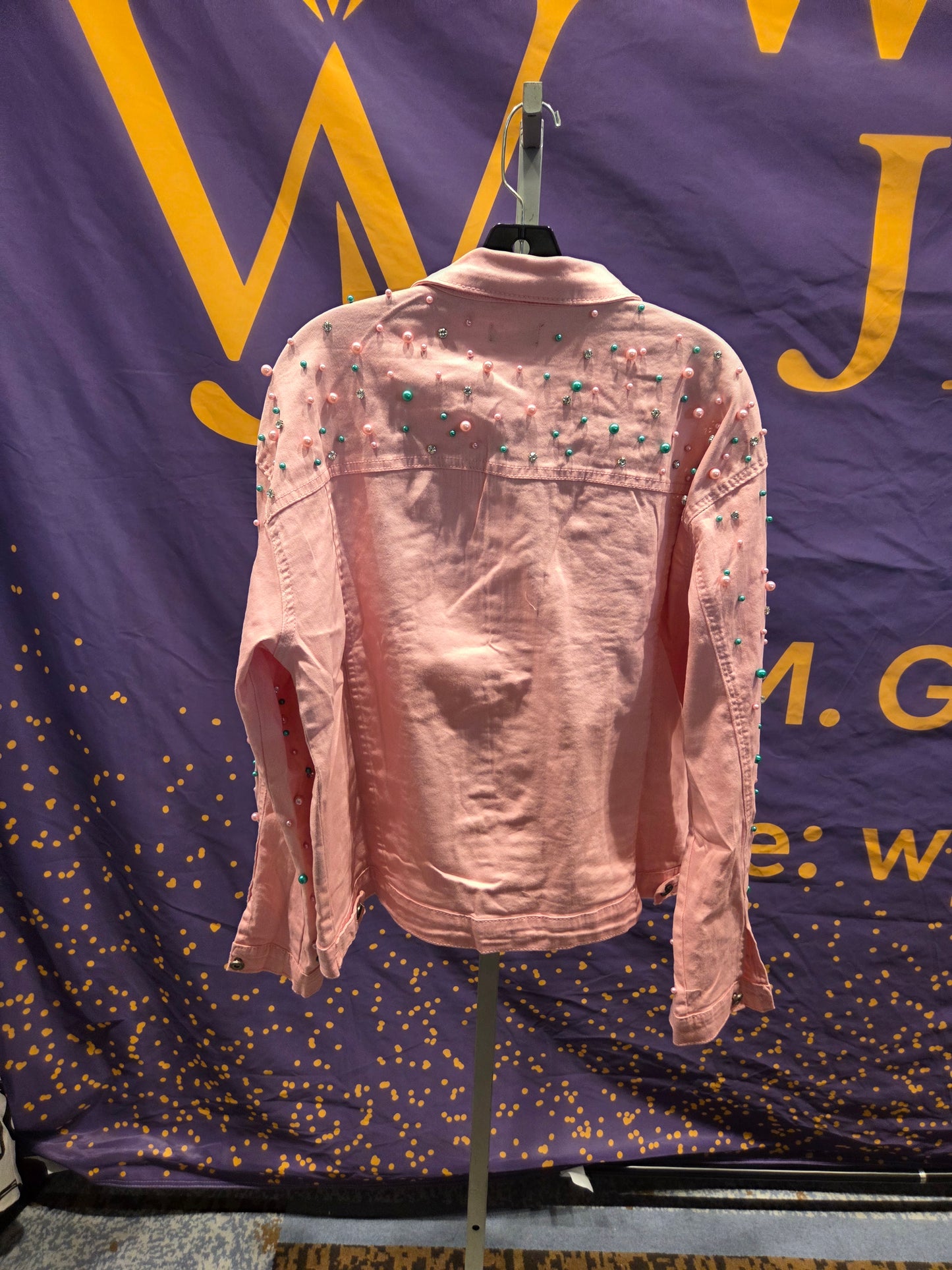 Blush Pink Pearl & Green Embellished Denim Jacket