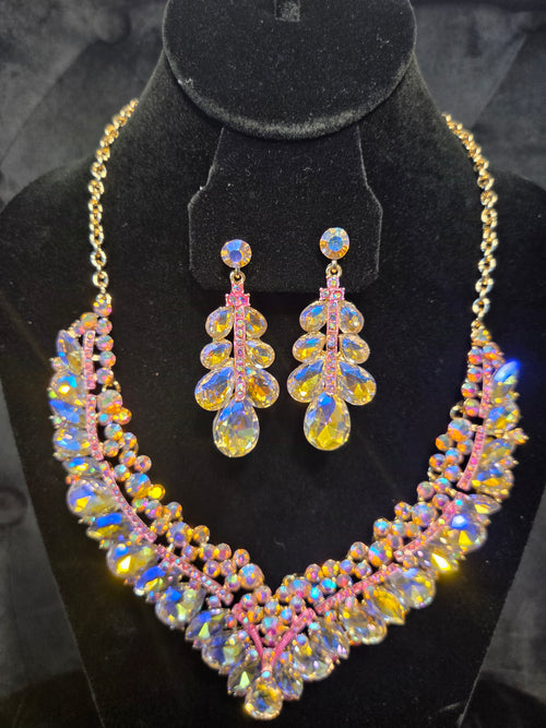 Iridescent Rhinestone Bib Necklace Set