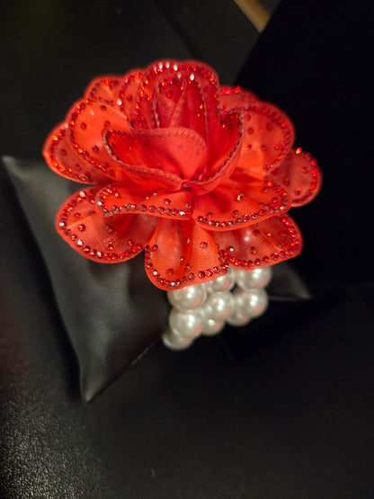 Radiant Red Floral Pearl Stretch Bracelet
