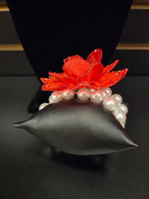 Radiant Red Floral Pearl Stretch Bracelet