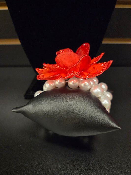Radiant Red Floral Pearl Stretch Bracelet