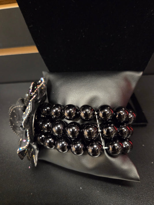 Midnight Elegance Black Floral Beaded Stretch Bracelet