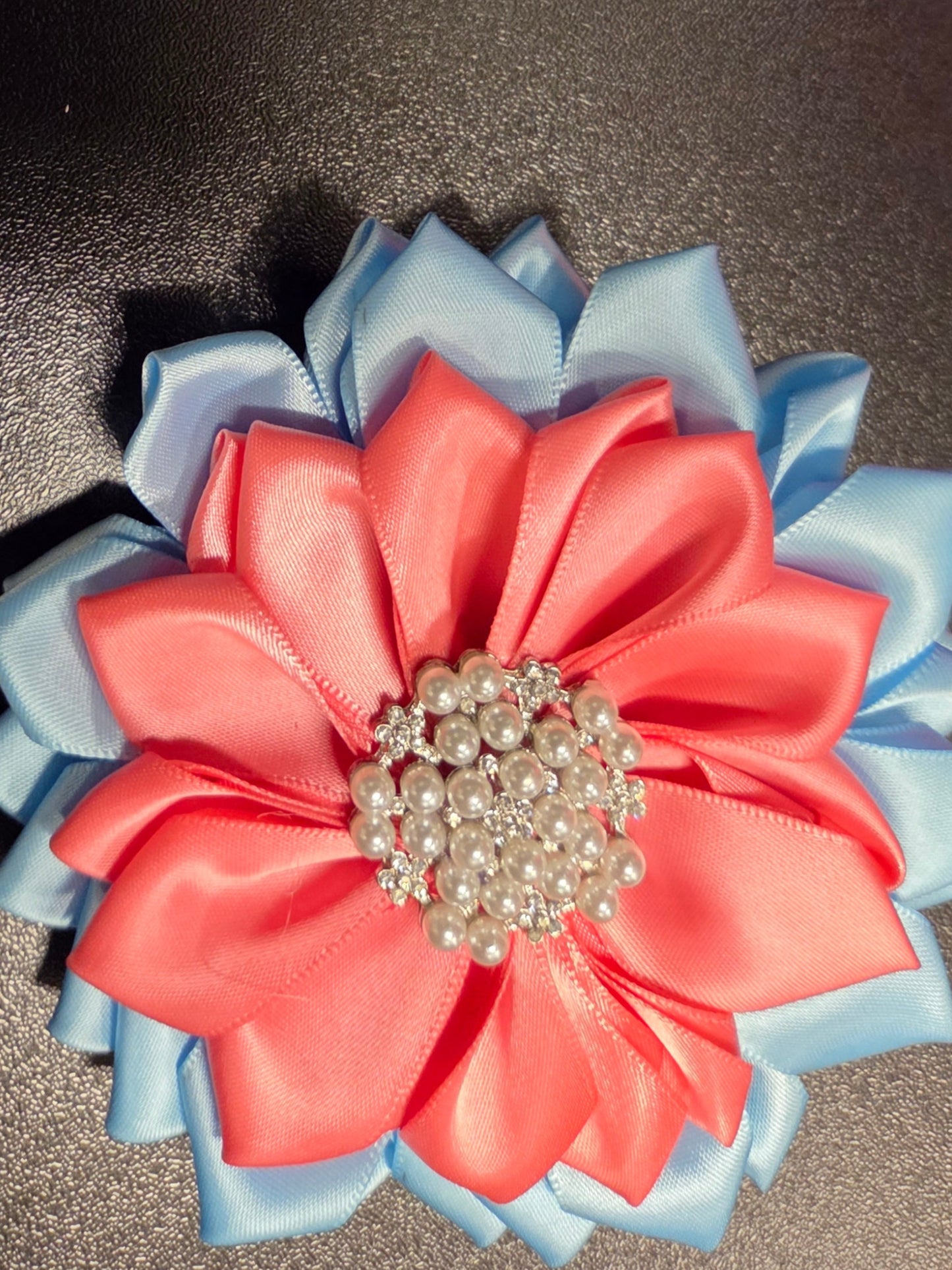 Pink & Sky Satin Flower Brooch