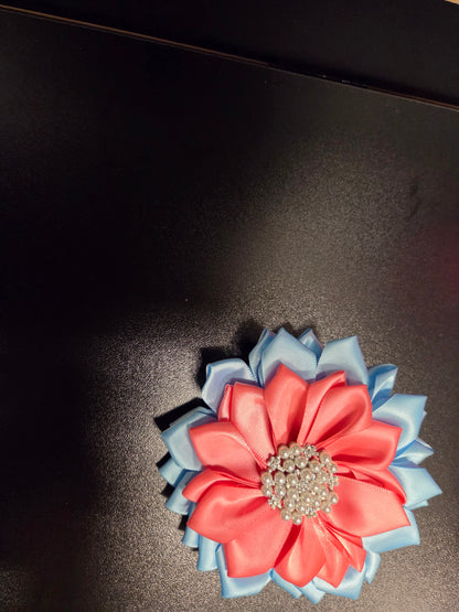 Pink & Sky Satin Flower Brooch