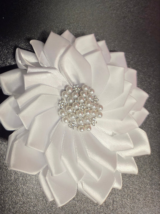 Pure Elegance White Satin Flower Brooch