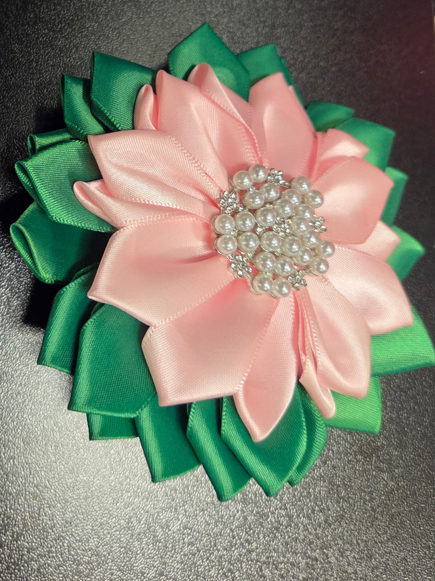 Garden Bloom Green Pink Satin Flower Brooch
