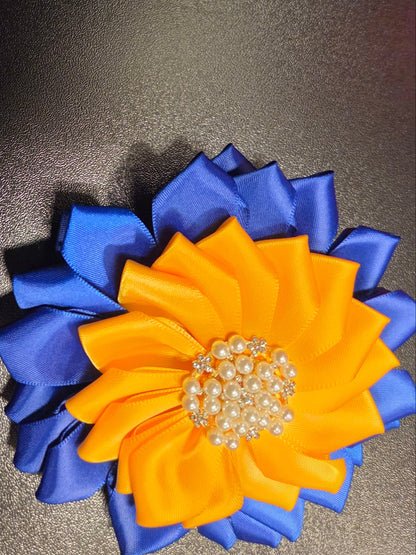 Royal Radiance Blue and Yellow Satin Flower Brooch