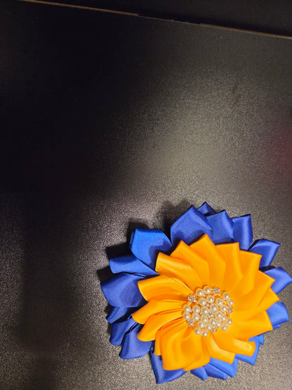 Royal Radiance Blue and Yellow Satin Flower Brooch