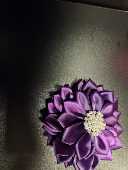 Royal Purple Satin Flower Brooch with Pearl Center