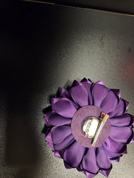 Royal Purple Satin Flower Brooch with Pearl Center