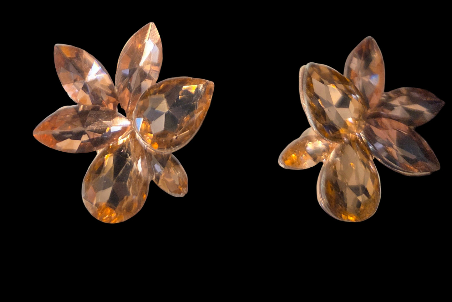 Champagne Crystal Flower Clip-On Earrings.