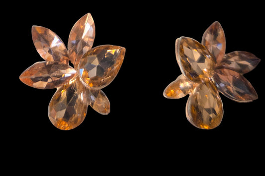 Champagne Crystal Flower Clip-On Earrings.