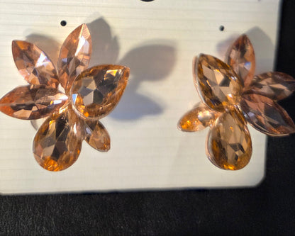 Champagne Crystal Flower Clip-On Earrings.