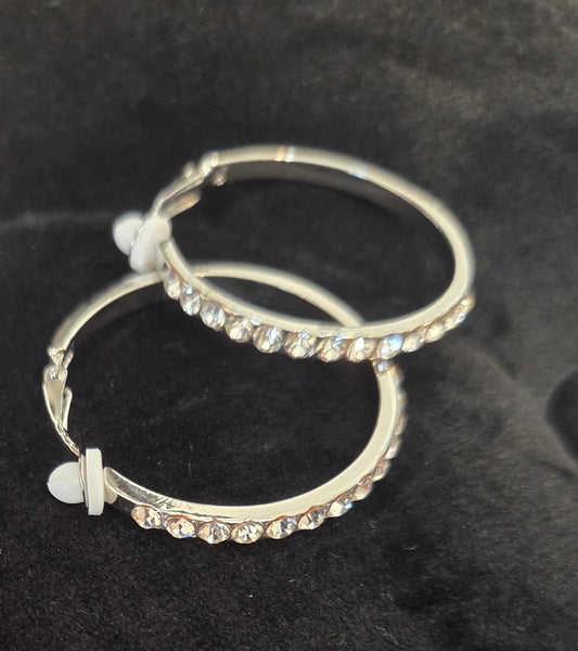 Silver Rhinestone Clip-On Hoop Earrings