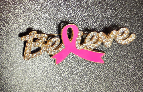 “Believe” Pink Ribbon Crystal Brooch – Sparkle of Strength Edition