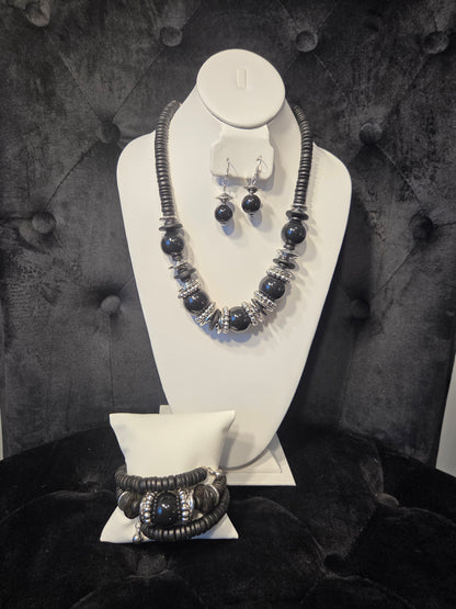 Black & Silver Chunky Beaded Necklace Set
