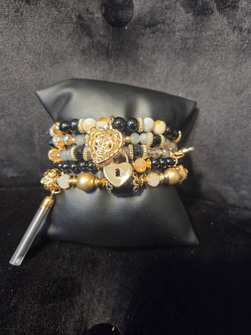 Black & Gold Charm Beaded Bracelet Stack