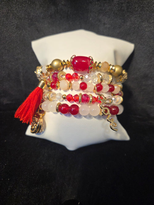 Red & Gold Layered Beaded Bracelet Stack