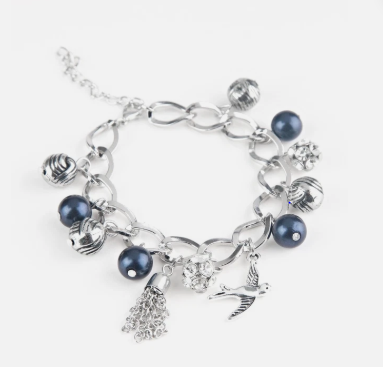 Lady Love Dove Blue Bead Silver Charm Chain Bracelet