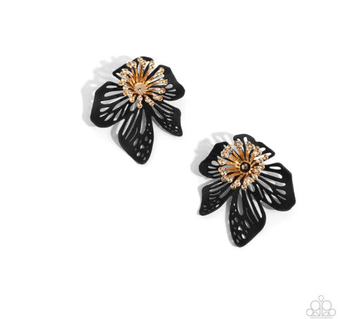 Wonderland Wallflower Black and Gold Flower Earrings