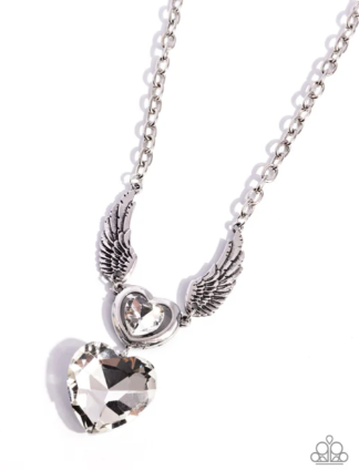 White Heart Gem Silver Wing Short Necklace