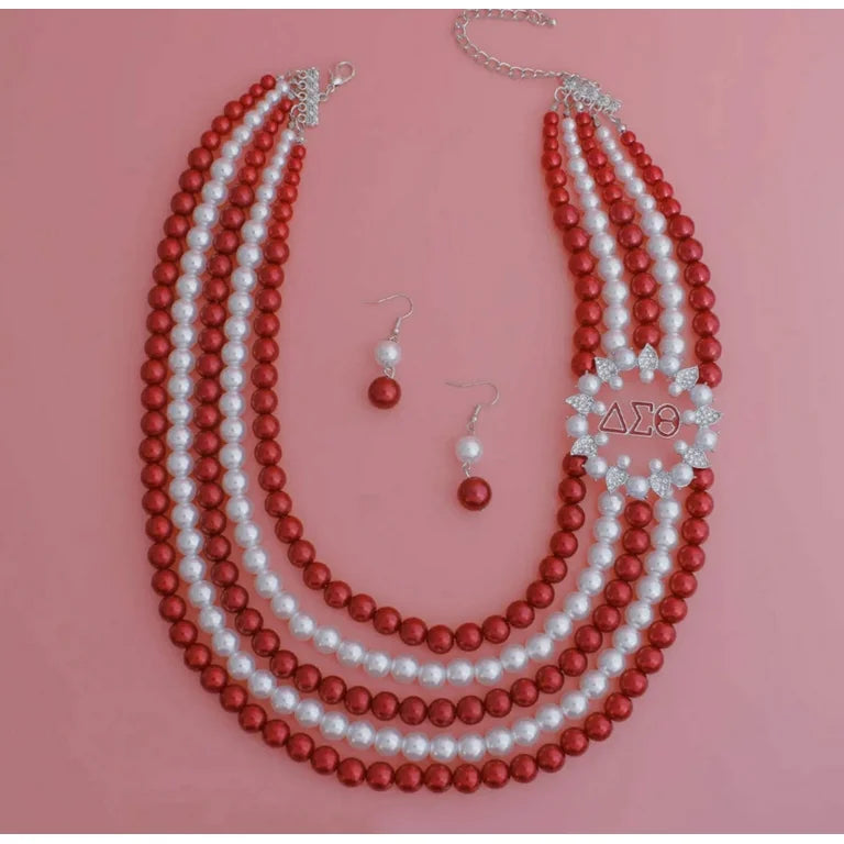 Delta Sigma Theta Inspired Red White Pearl Necklace Earring Set