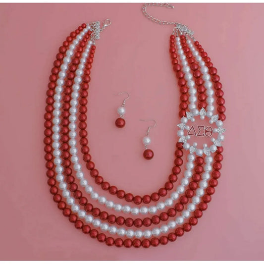 Delta Sigma Theta Inspired Red White Pearl Necklace Earring Set