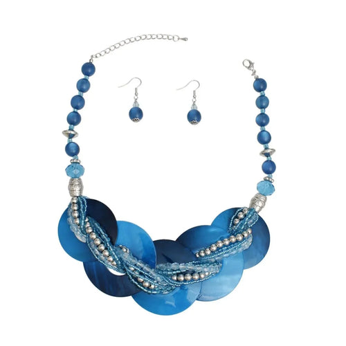 Blue Shell Disc Beaded Necklace Set with Layered Beads and Matching Earrings