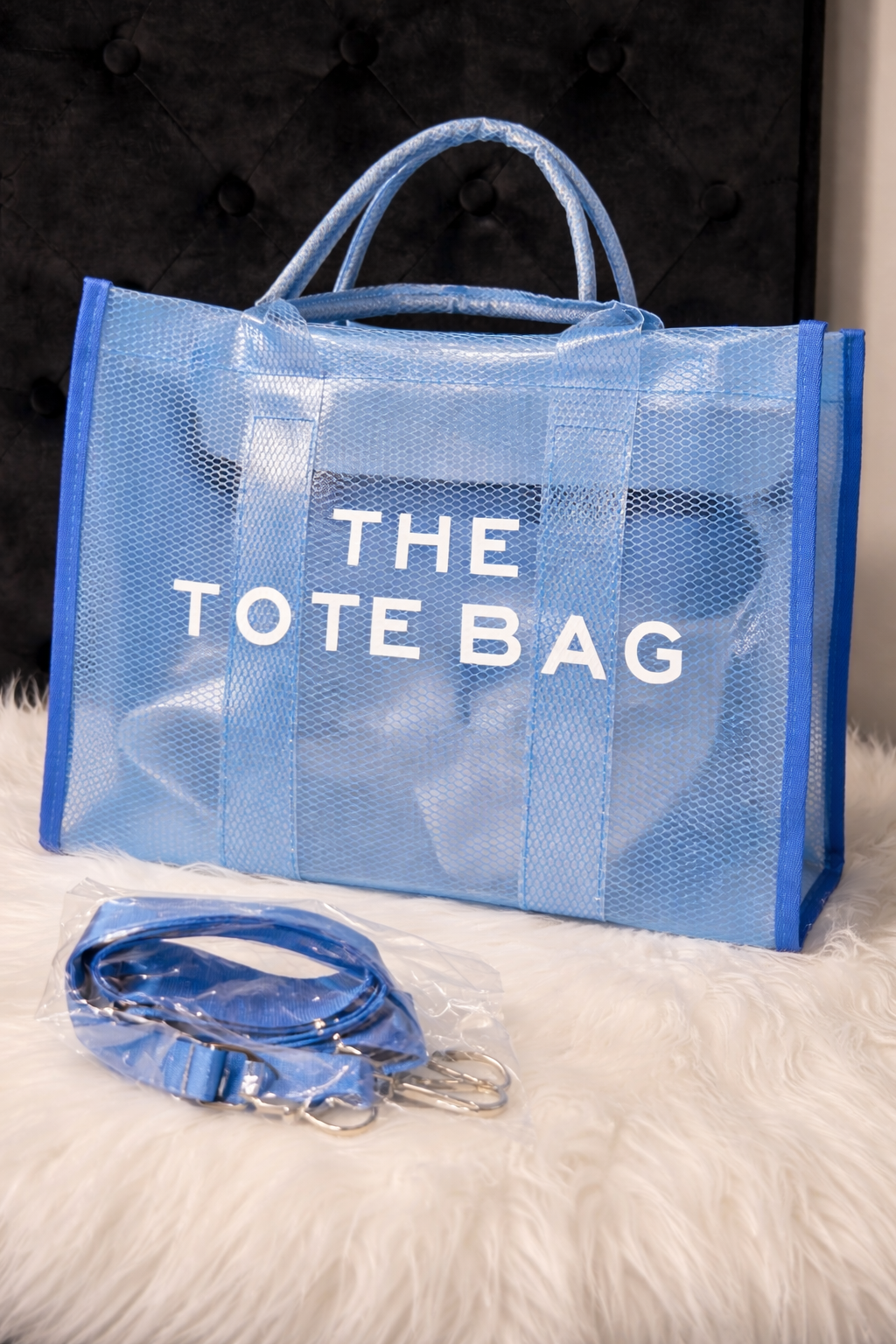 Light Blue Mesh Tote Bag with Removable Strap