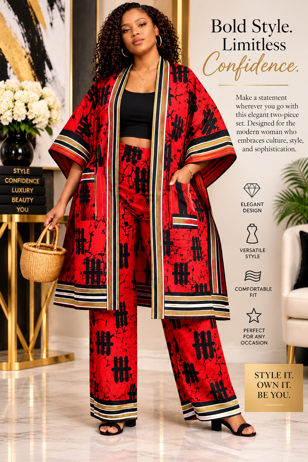 Bold Red & Black Kimono Pant Set