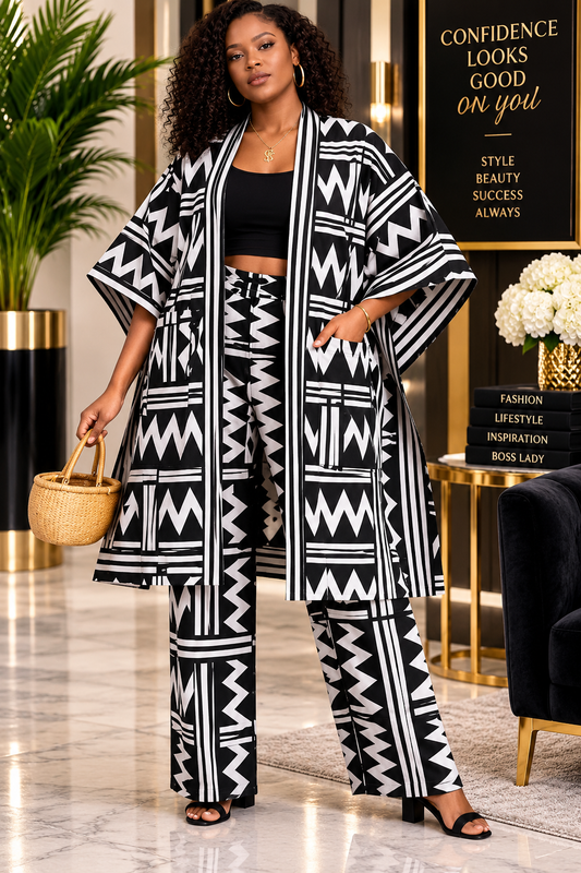 Black & White Geometric Kimono Pant Set