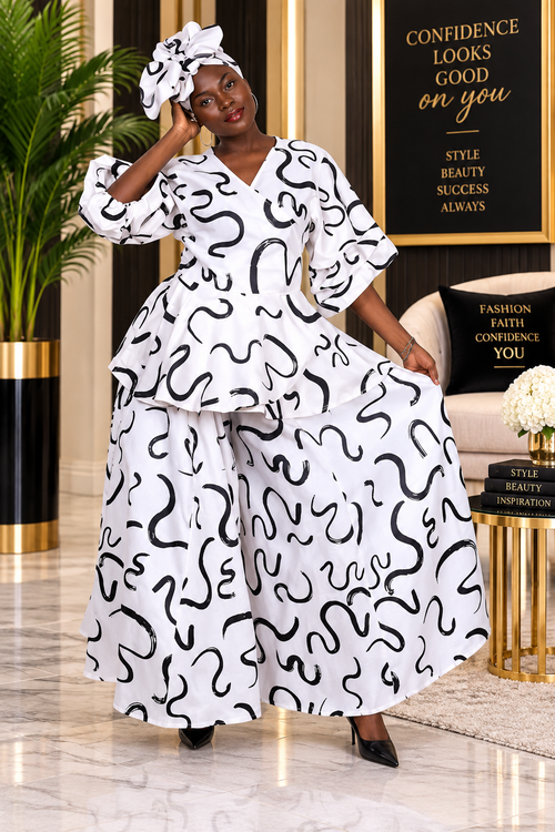 Black & White Abstract Peplum Maxi Set
